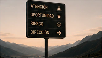 Señal de dirección frente a un valle montañoso