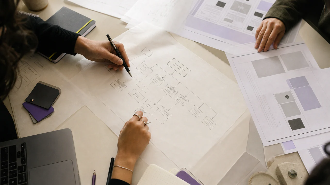 Equipo analizando un diagrama de sistema sobre una mesa de trabajo