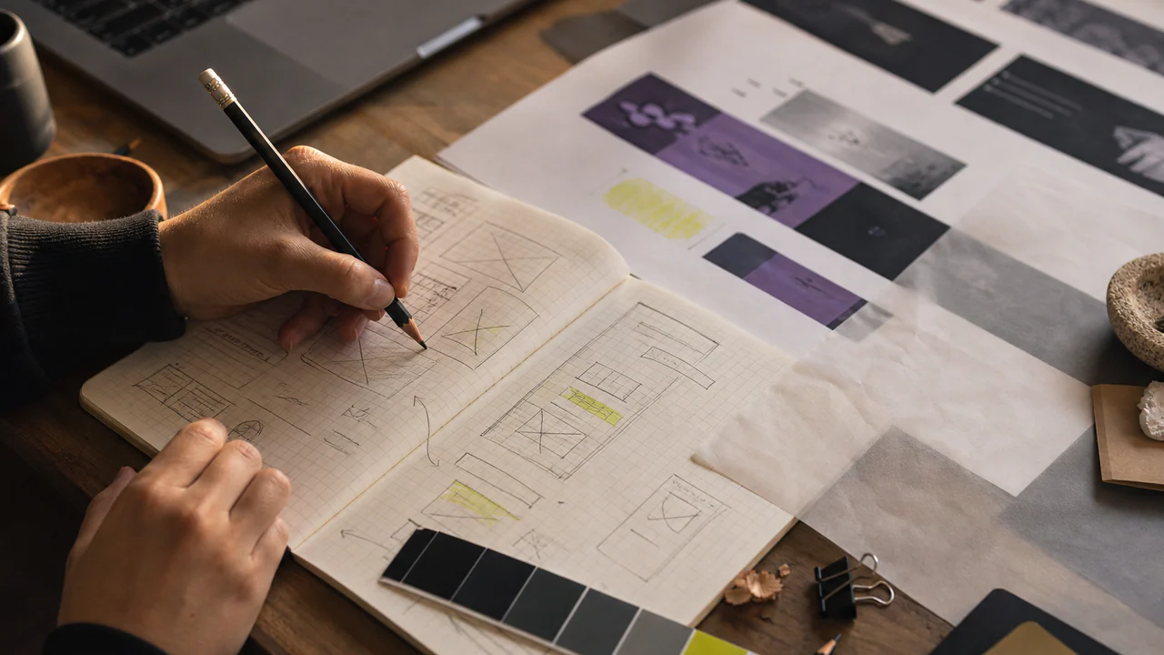 Proceso de diseño trazado a mano junto a referencias visuales