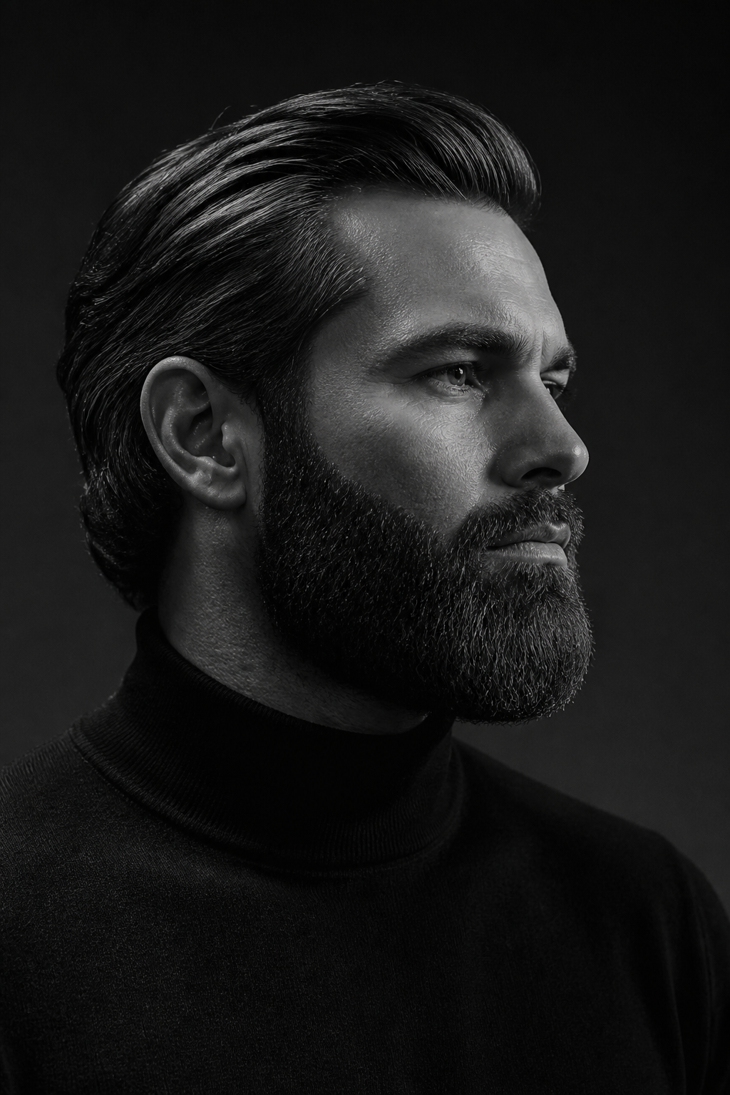 Barba estructurada y cabello peinado hacia atrás