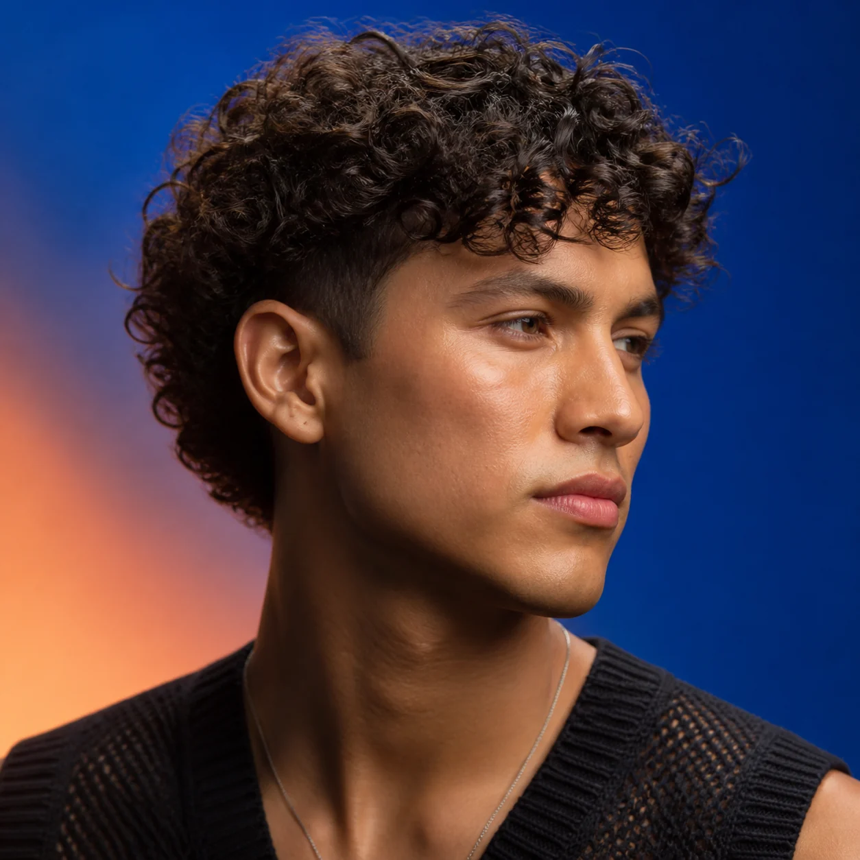 Hombre con rizos naturales definidos y laterales sutilmente rebajados