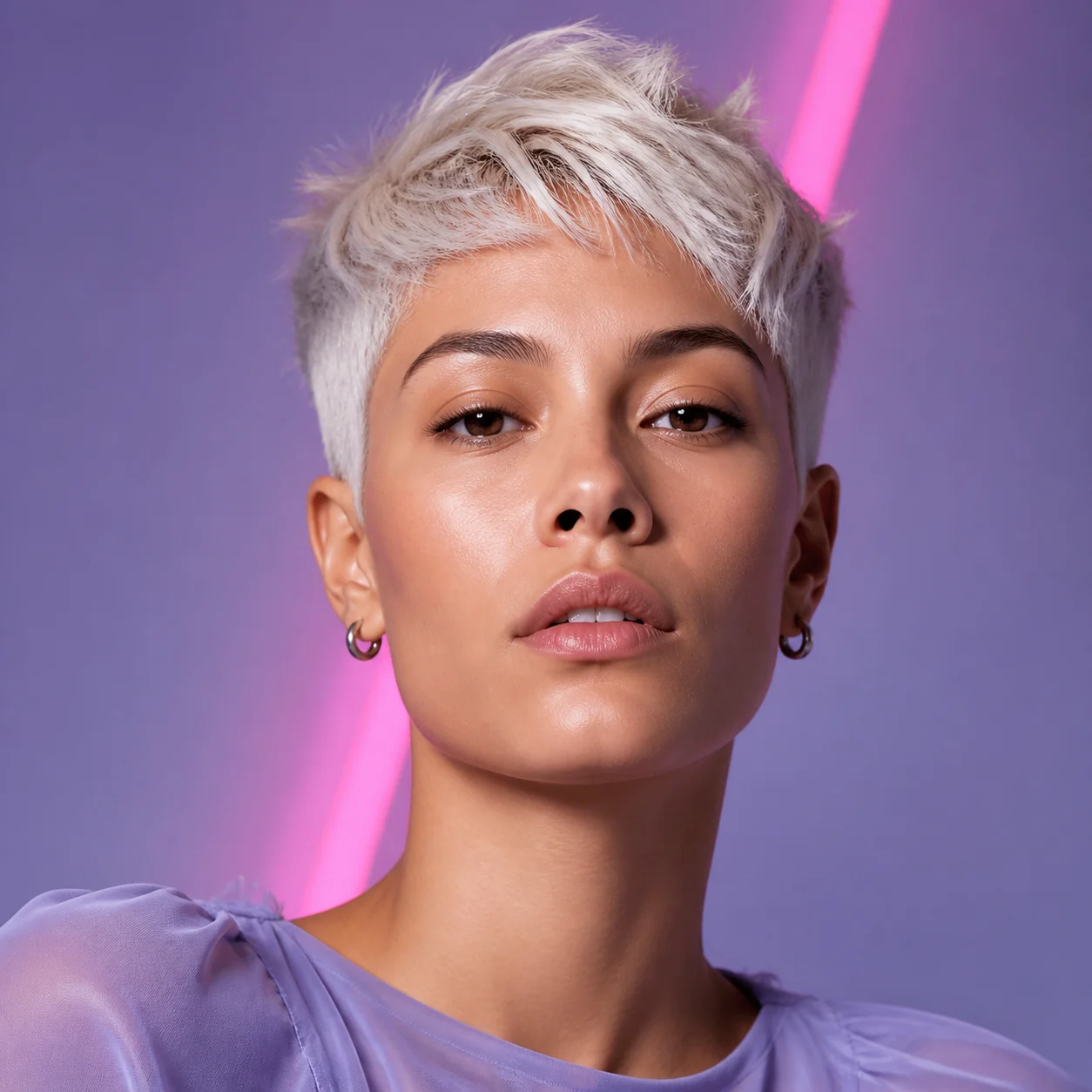 Persona con corte pixie platinado y textura editorial