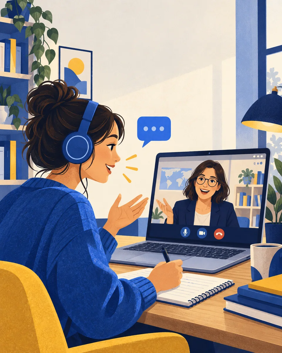 Estudiante participando en una clase de inglés online en vivo