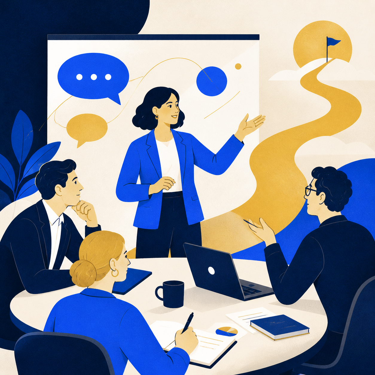 Equipo profesional practicando una presentación en inglés