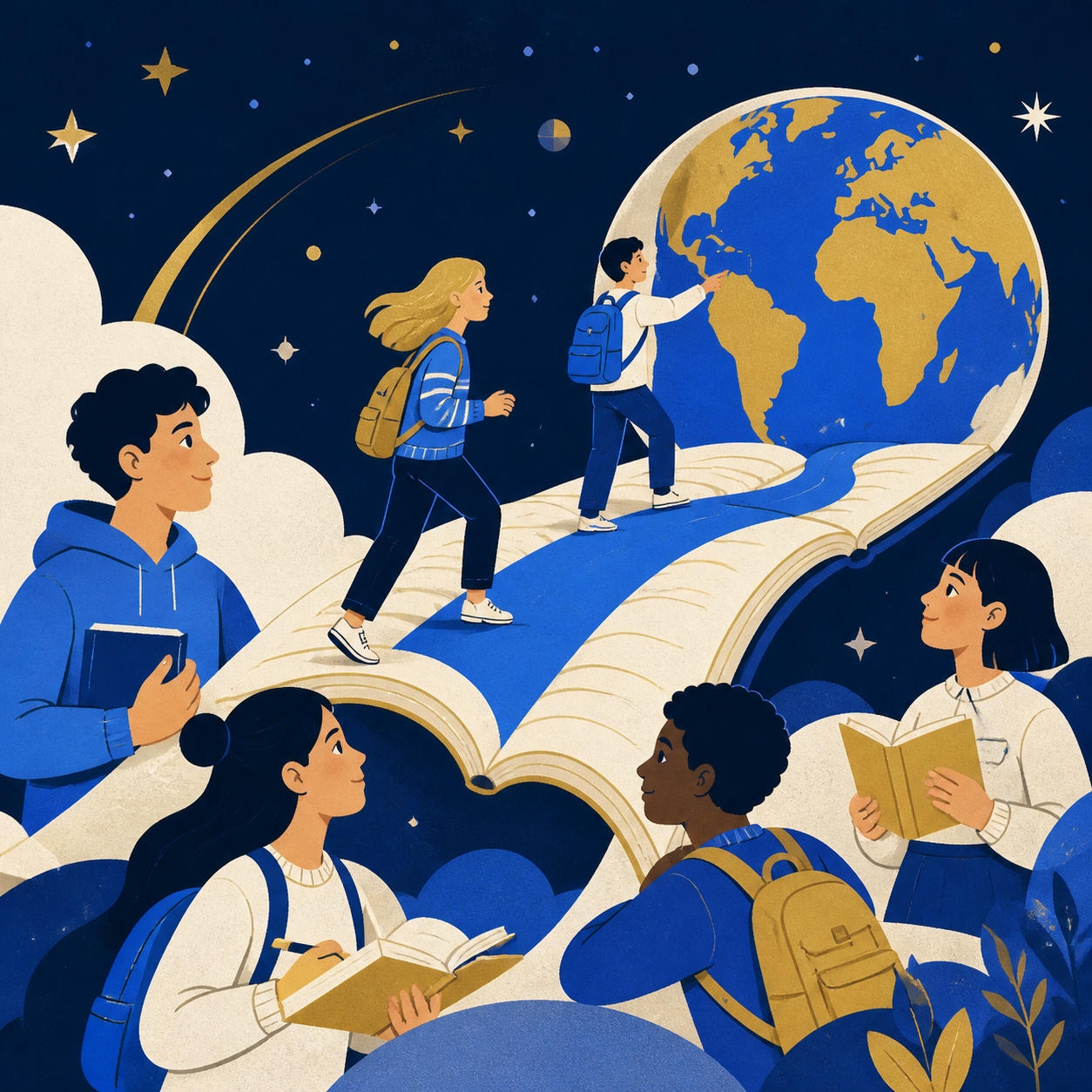 Jóvenes explorando el mundo a través de un libro y el aprendizaje de inglés