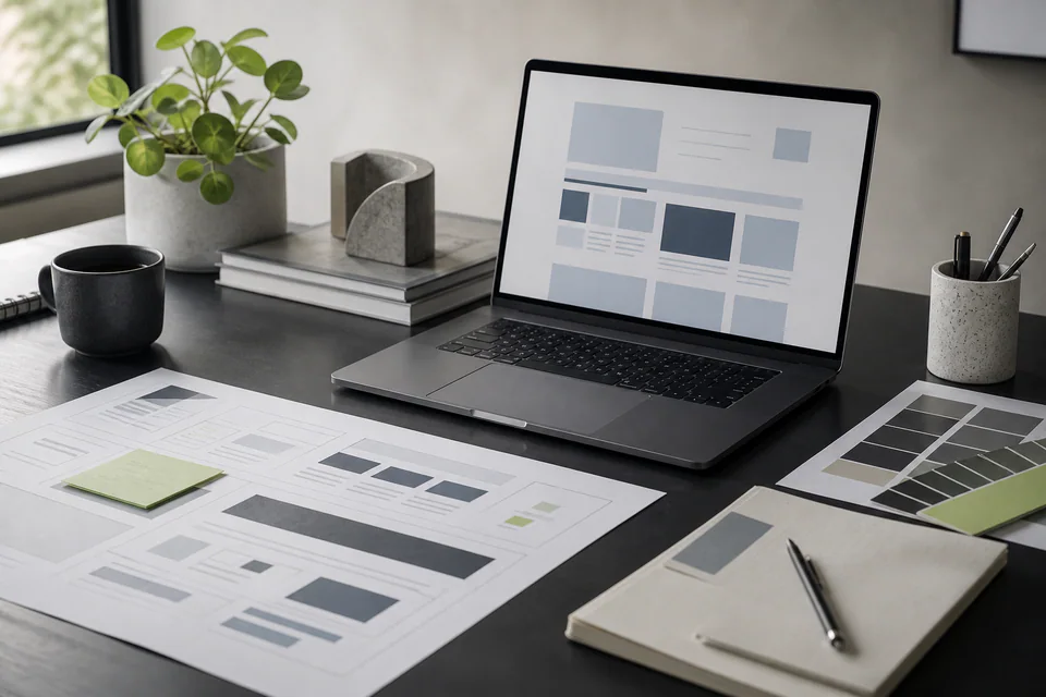 Espacio de trabajo de diseño web con prototipos, paleta visual y un sitio en desarrollo